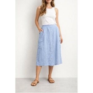 C&C California Light Blue 100% Linen Cargo Midi Skirt Button Front Womens Medium